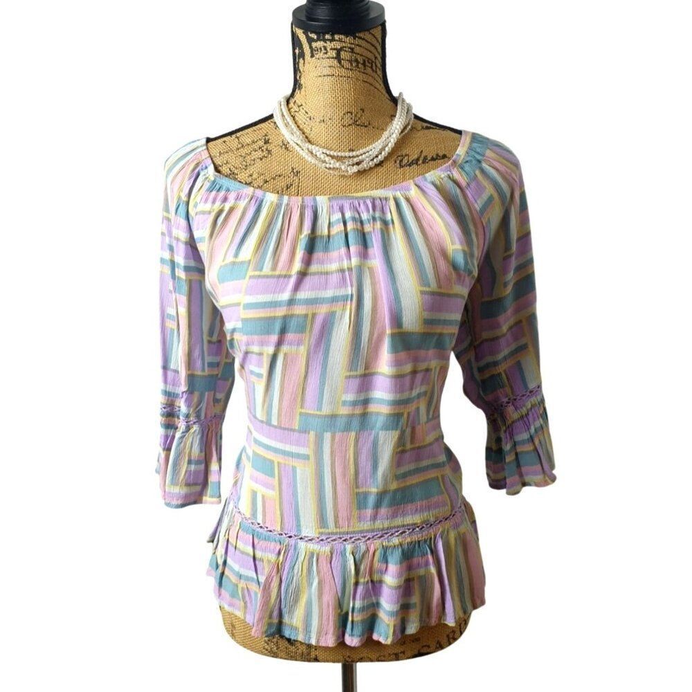Fever Womens Peasant Blouse M Pastel Fairy Flare Sleeve Ruffle Hem Cottagecore